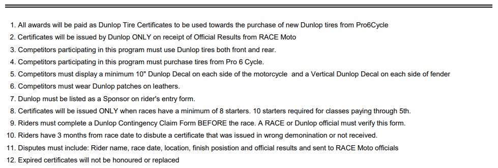 RACE Moto Welcomes Pro 6 Cycle as Pro 600 Class Sponsor with a Dunlop Contingency Program